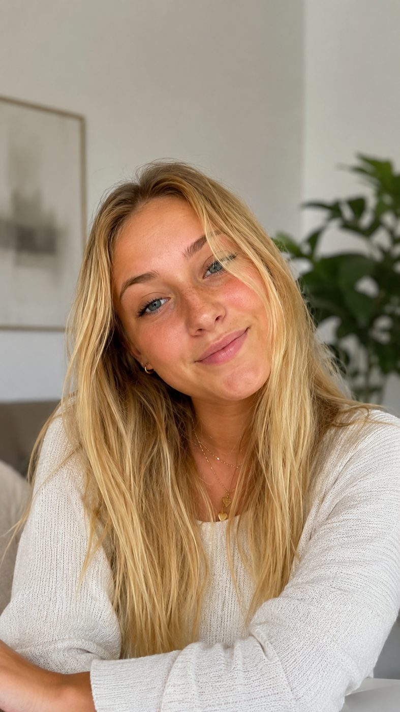 Blonde woman smiling warmly in natural light
